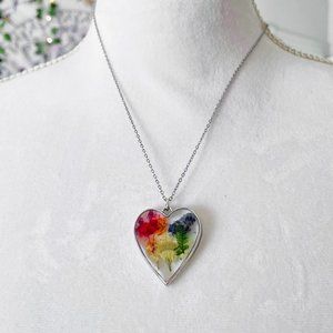 Heart shaped rainbow pride colorful floral botanical resin necklace